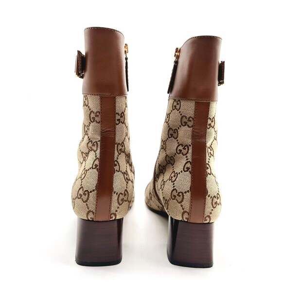 Gucci Ellis GG Logo Leather Trimmed Ankle Boots Camel Ebony Canvas EU 39.5 US9.5 - Picture 10 of 14